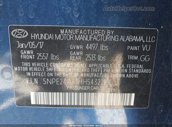 5NPE24AF1HH543219 2017 HYUNDAI SONATA Blue Vista del compartimento del motor