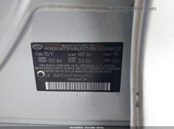 5NPE24AF1HH563955 2017 HYUNDAI SONATA Silver Widok komory silnika