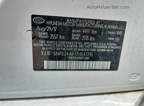 5NPE24AF1JH647215 2018 HYUNDAI SONATA White Vista de la etiqueta del VIN