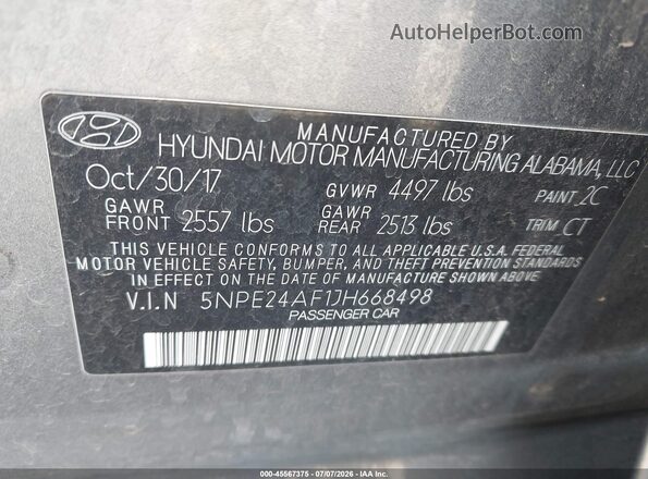 5NPE24AF1JH668498 2018 HYUNDAI SONATA Gray ძრავის განყოფილების ხედი