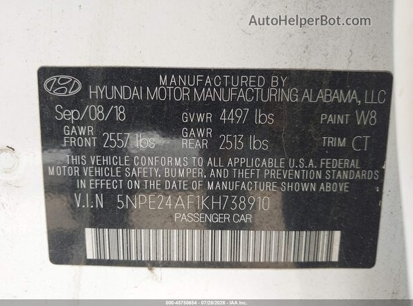5NPE24AF1KH738910 2019 HYUNDAI SONATA White Widok komory silnika