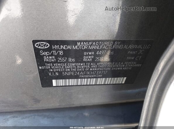 5NPE24AF1KH739717 2019 HYUNDAI SONATA Gray Vista del compartimento del motor