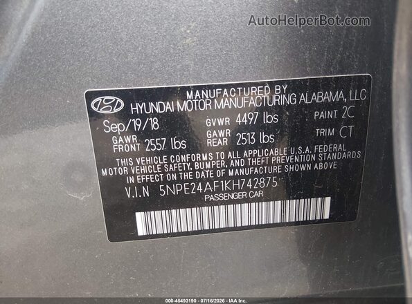 5NPE24AF1KH742875 2019 HYUNDAI SONATA Gray Вид підкапотного простору