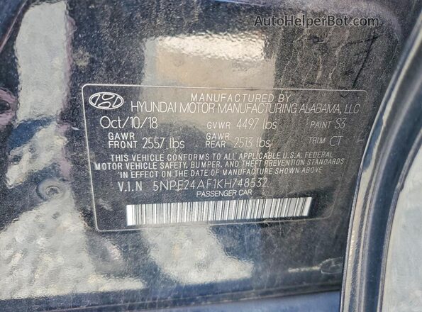 5NPE24AF1KH748532 2019 HYUNDAI SONATA Черный Вид подкапотного пространства