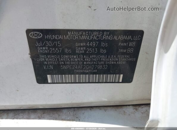 5NPE24AF2GH279832 2016 HYUNDAI SONATA White ძრავის განყოფილების ხედი