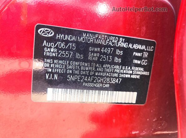 5NPE24AF2GH283847 2016 HYUNDAI SONATA Бордовый Вид подкапотного пространства