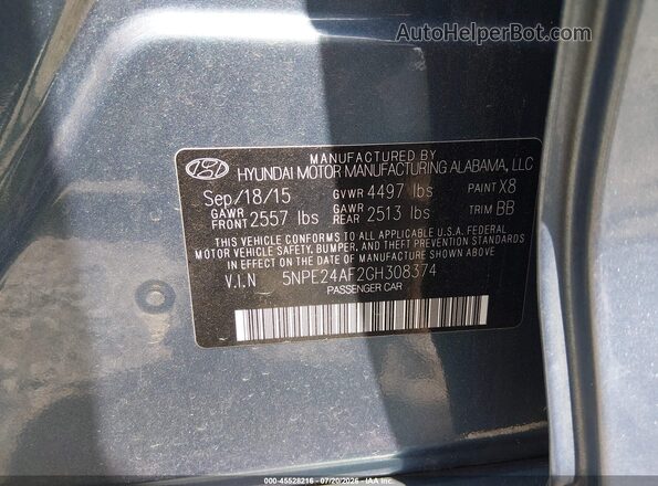 5NPE24AF2GH308374 2016 HYUNDAI SONATA Blue Շարժիչի բաժամունքի տեսք