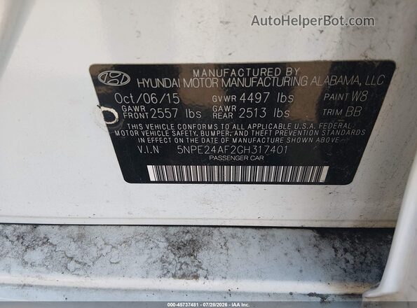 5NPE24AF2GH317401 2016 HYUNDAI SONATA White ძრავის განყოფილების ხედი