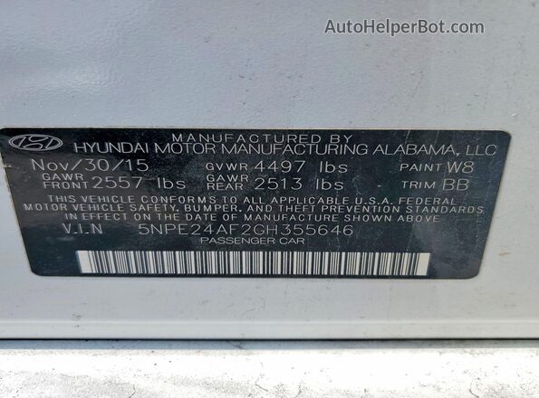 5NPE24AF2GH355646 2016 HYUNDAI SONATA White VIN კოდის სტიკერის ხედი