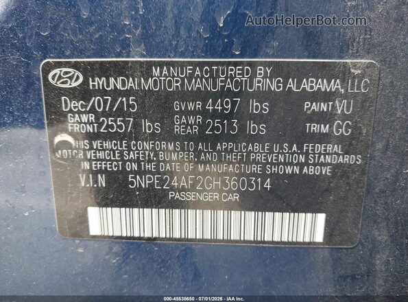 5NPE24AF2GH360314 2016 HYUNDAI SONATA Blue ძრავის განყოფილების ხედი