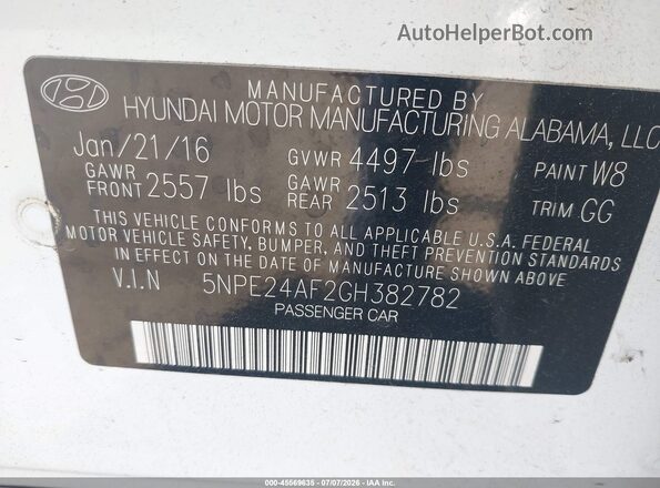 5NPE24AF2GH382782 2016 HYUNDAI SONATA White Вид підкапотного простору