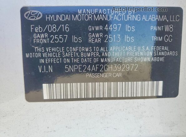 5NPE24AF2GH392972 2016 HYUNDAI SONATA White Widok komory silnika