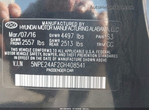5NPE24AF2GH408541 2016 HYUNDAI SONATA Black Вид підкапотного простору
