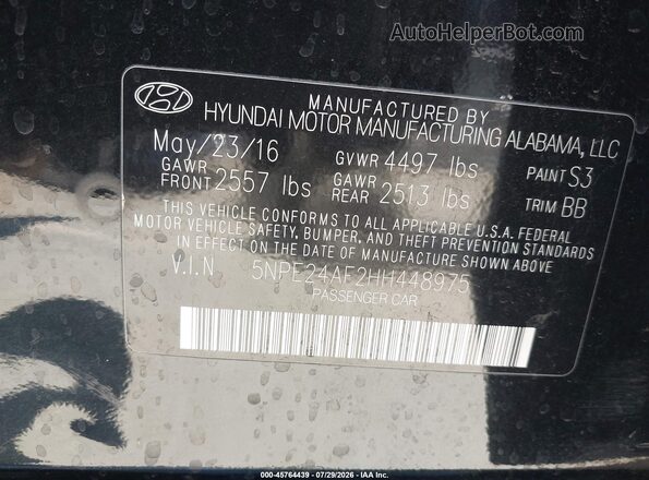 5NPE24AF2HH448975 2017 HYUNDAI SONATA Black ძრავის განყოფილების ხედი