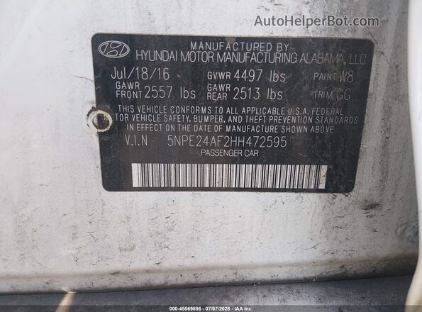 5NPE24AF2HH472595 2017 HYUNDAI SONATA White Widok komory silnika