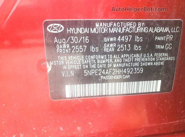 5NPE24AF2HH492359 2017 HYUNDAI SONATA Red VIN კოდის სტიკერის ხედი
