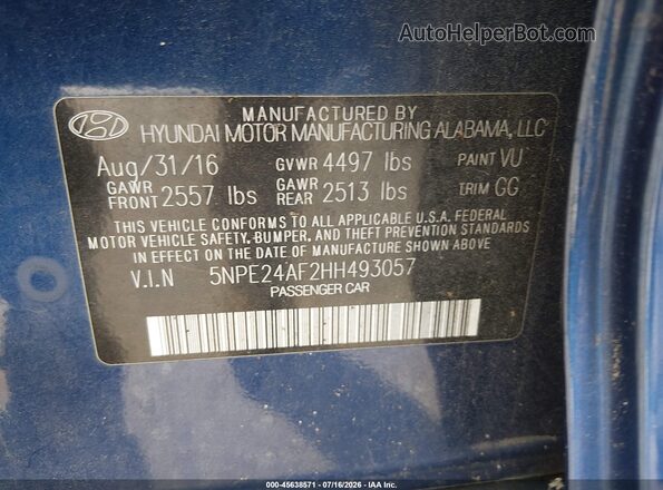 5NPE24AF2HH493057 2017 HYUNDAI SONATA Blue Engine compartment view