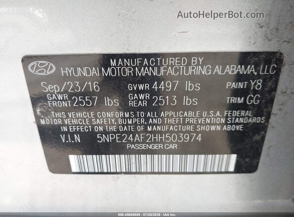 5NPE24AF2HH503974 2017 HYUNDAI SONATA Silver Engine compartment view