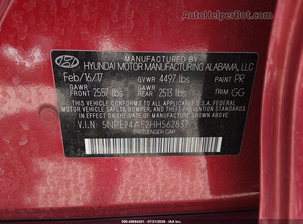 5NPE24AF2HH562832 2017 HYUNDAI SONATA Red Вид підкапотного простору