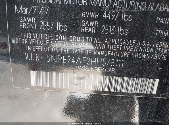 5NPE24AF2HH578111 2017 HYUNDAI SONATA Black Widok komory silnika