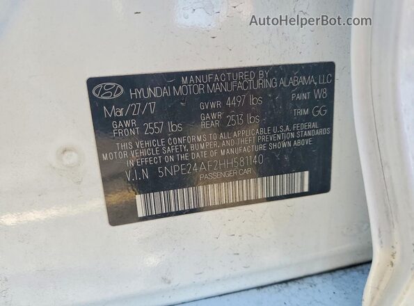 5NPE24AF2HH581140 2017 HYUNDAI SONATA White VIN sticker view