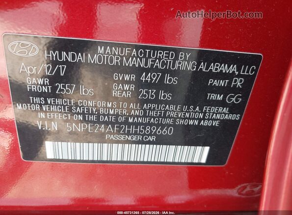 5NPE24AF2HH589660 2017 HYUNDAI SONATA Red Շարժիչի բաժամունքի տեսք