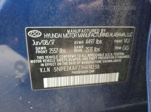 5NPE24AF2JH614238 2018 HYUNDAI SONATA Blue Շարժիչի բաժամունքի տեսք