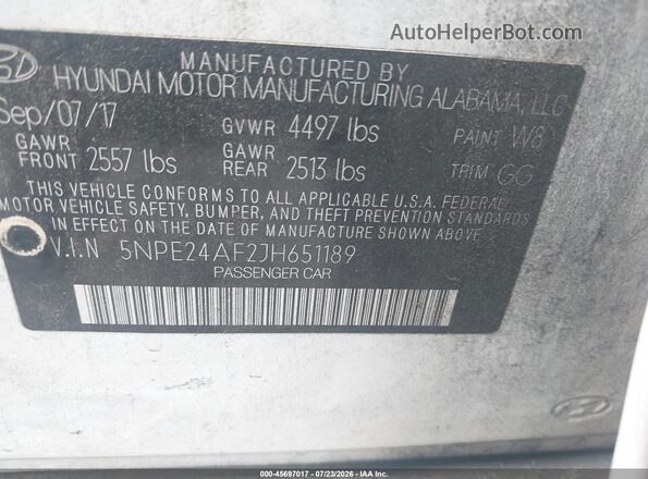 5NPE24AF2JH651189 2018 HYUNDAI SONATA White Vista del compartimento del motor
