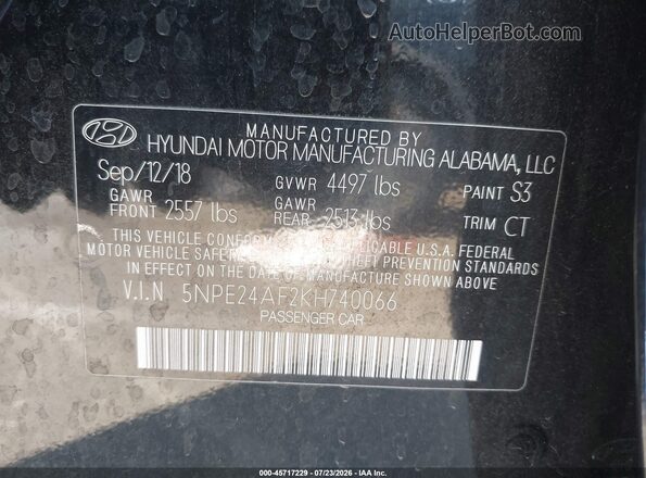 5NPE24AF2KH740066 2019 HYUNDAI SONATA Black Vista del compartimento del motor