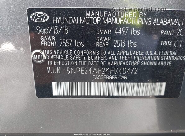 5NPE24AF2KH740472 2019 HYUNDAI SONATA Silver Widok komory silnika