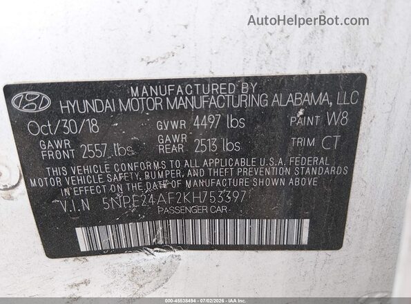 5NPE24AF2KH753397 2019 HYUNDAI SONATA White Vista del compartimento del motor