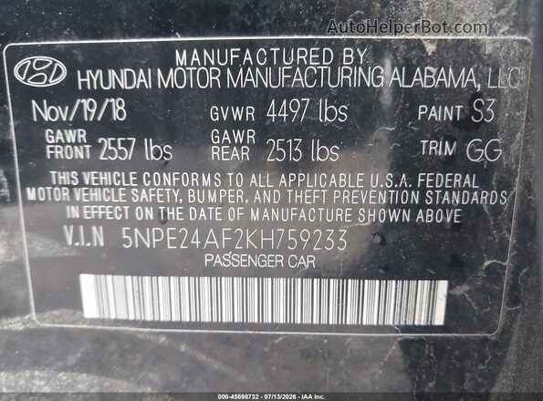 5NPE24AF2KH759233 2019 HYUNDAI SONATA Black Vista del compartimento del motor