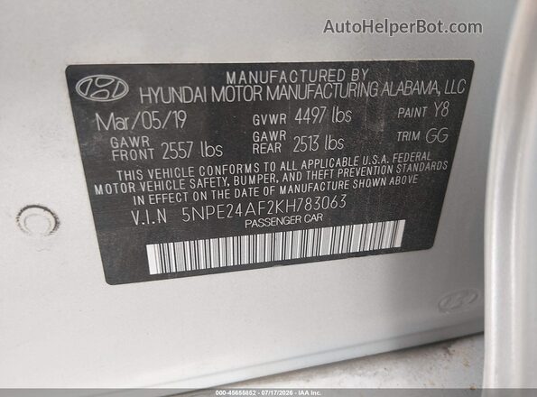 5NPE24AF2KH783063 2019 HYUNDAI SONATA Silver ძრავის განყოფილების ხედი