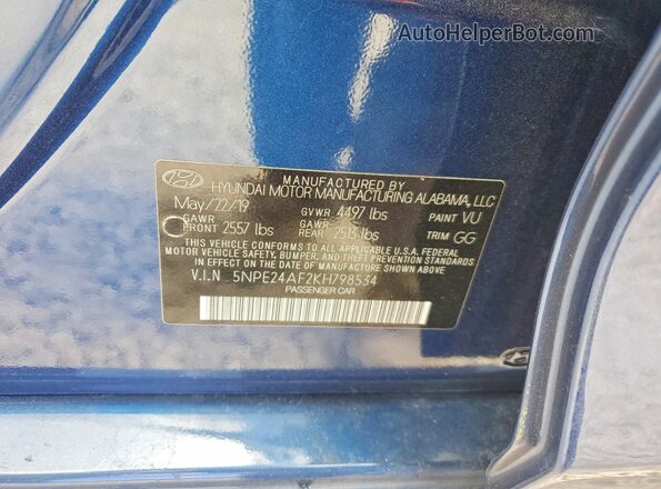 5NPE24AF2KH798534 2019 HYUNDAI SONATA Blue ძრავის განყოფილების ხედი