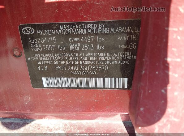 5NPE24AF3GH282870 2016 HYUNDAI SONATA Red Շարժիչի բաժամունքի տեսք