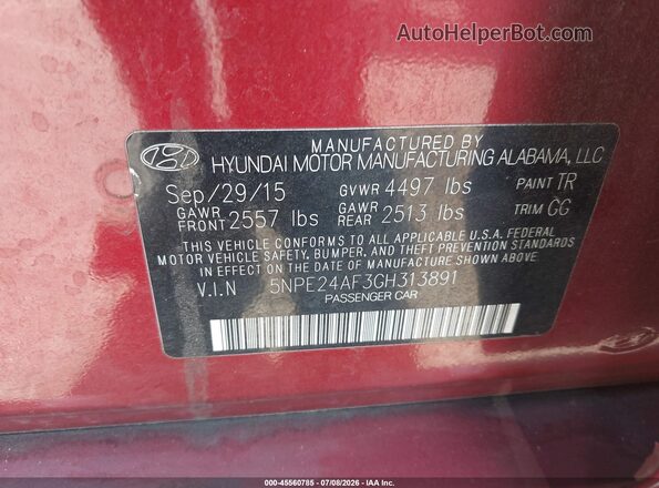 5NPE24AF3GH313891 2016 HYUNDAI SONATA Красный Вид подкапотного пространства