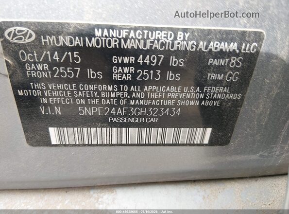 5NPE24AF3GH323434 2016 HYUNDAI SONATA Blue Вид підкапотного простору