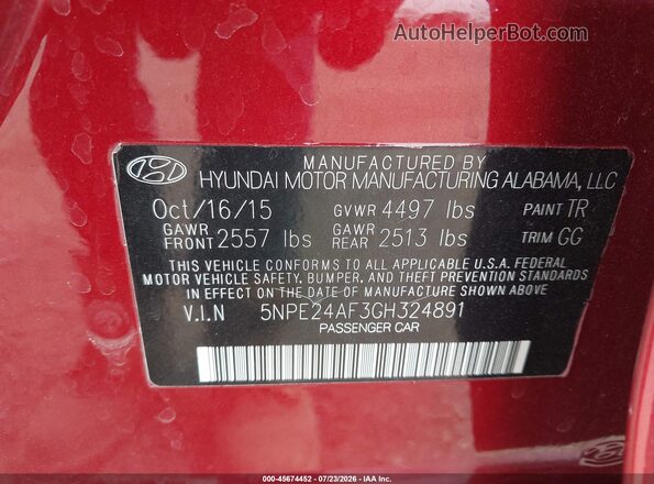 5NPE24AF3GH324891 2016 HYUNDAI SONATA Red Vista del compartimento del motor