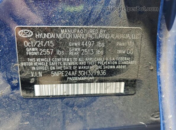 5NPE24AF3GH327936 2016 HYUNDAI SONATA Blue Շարժիչի բաժամունքի տեսք