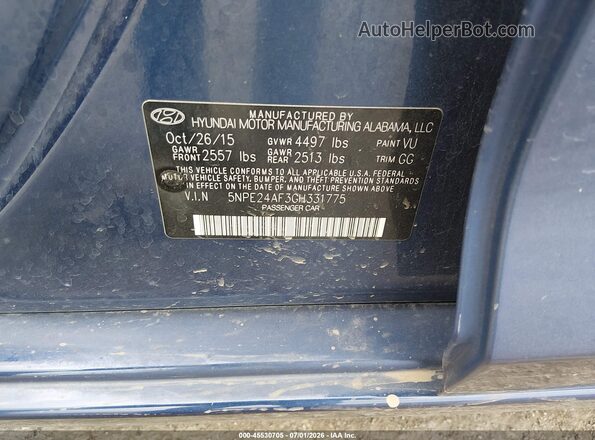 5NPE24AF3GH331775 2016 HYUNDAI SONATA Blue ძრავის განყოფილების ხედი