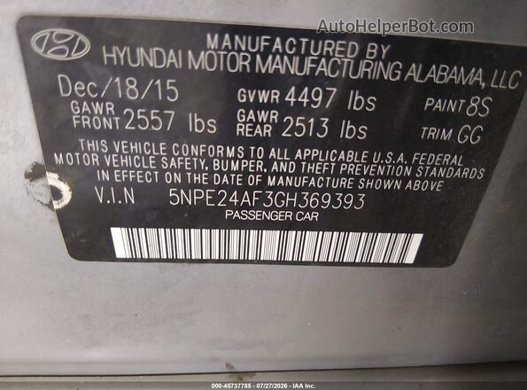 5NPE24AF3GH369393 2016 HYUNDAI SONATA Silver Շարժիչի բաժամունքի տեսք