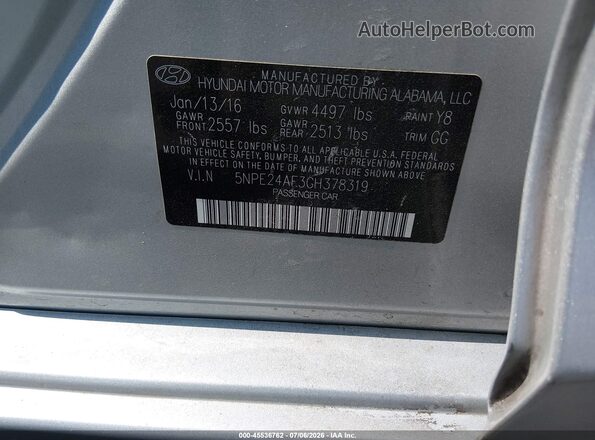5NPE24AF3GH378319 2016 HYUNDAI SONATA Silver Вид підкапотного простору
