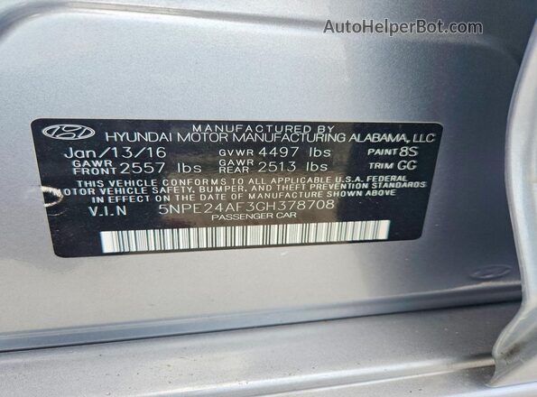 5NPE24AF3GH378708 2016 HYUNDAI SONATA Серый Вид подкапотного пространства