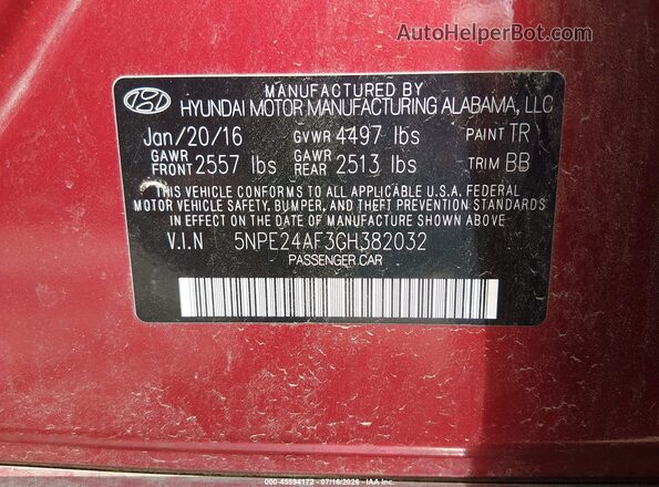5NPE24AF3GH382032 2016 HYUNDAI SONATA Красный Вид подкапотного пространства
