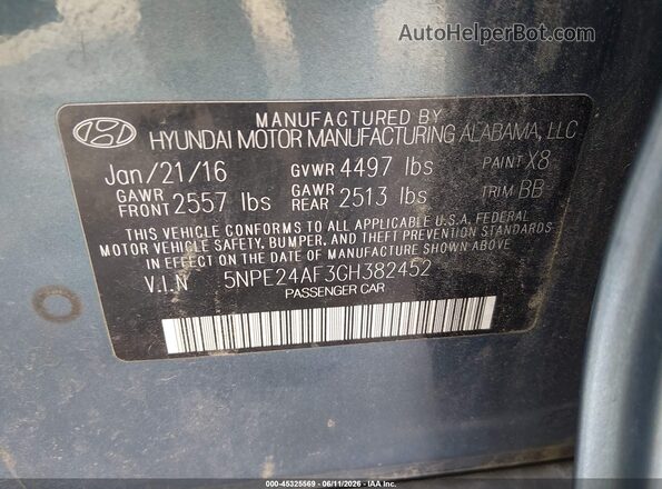 5NPE24AF3GH382452 2016 HYUNDAI SONATA Blue Vista del compartimento del motor