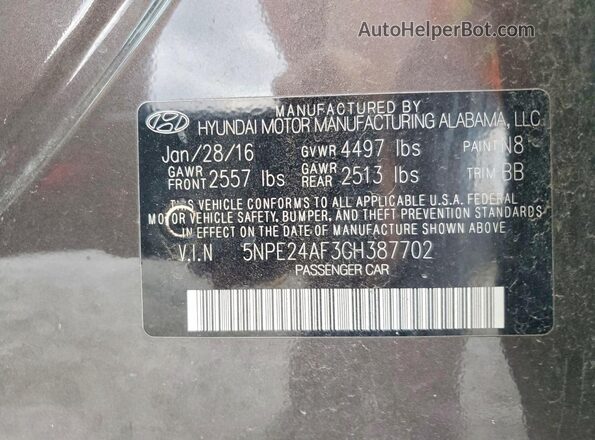 5NPE24AF3GH387702 2016 HYUNDAI SONATA Brown ძრავის განყოფილების ხედი