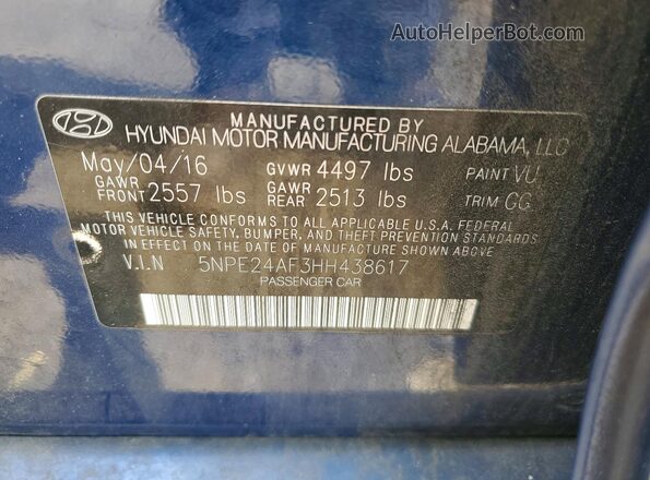 5NPE24AF3HH438617 2017 HYUNDAI SONATA Blue Widok naklejki z numerem VIN
