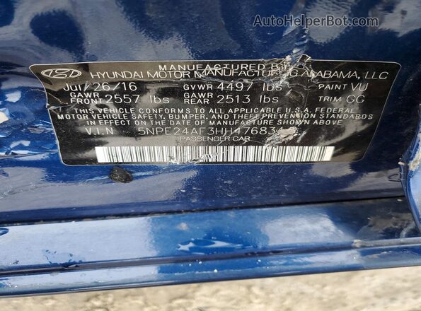 5NPE24AF3HH476834 2017 HYUNDAI SONATA Blue Engine compartment view