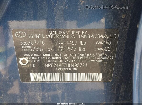 5NPE24AF3HH495724 2017 HYUNDAI SONATA Синий Вид подкапотного пространства