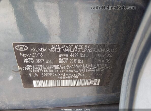 5NPE24AF3HH523862 2017 HYUNDAI SONATA Blue Շարժիչի բաժամունքի տեսք